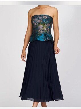 Strapless Teal Floral Peplum Pleated Midi Dress